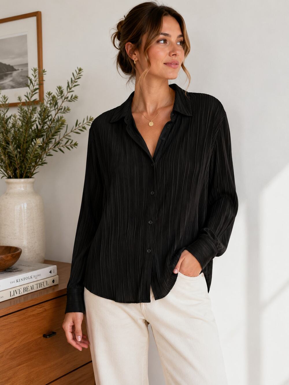 Calvin Klein Black Crinkle Pleated Button Down Blouse XL ✨